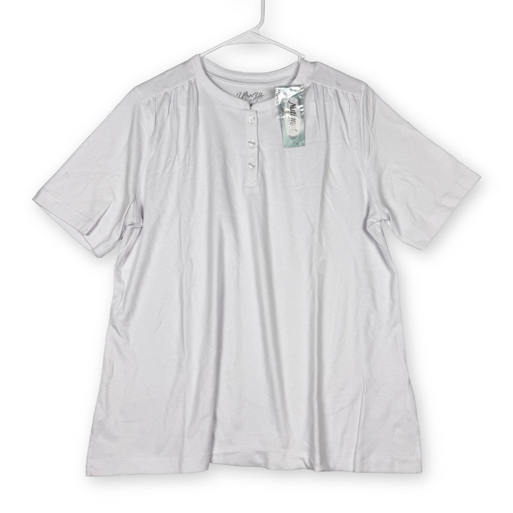 National UltraSofts Womens White Short Sleeve Henley Top Large 23965 NWT